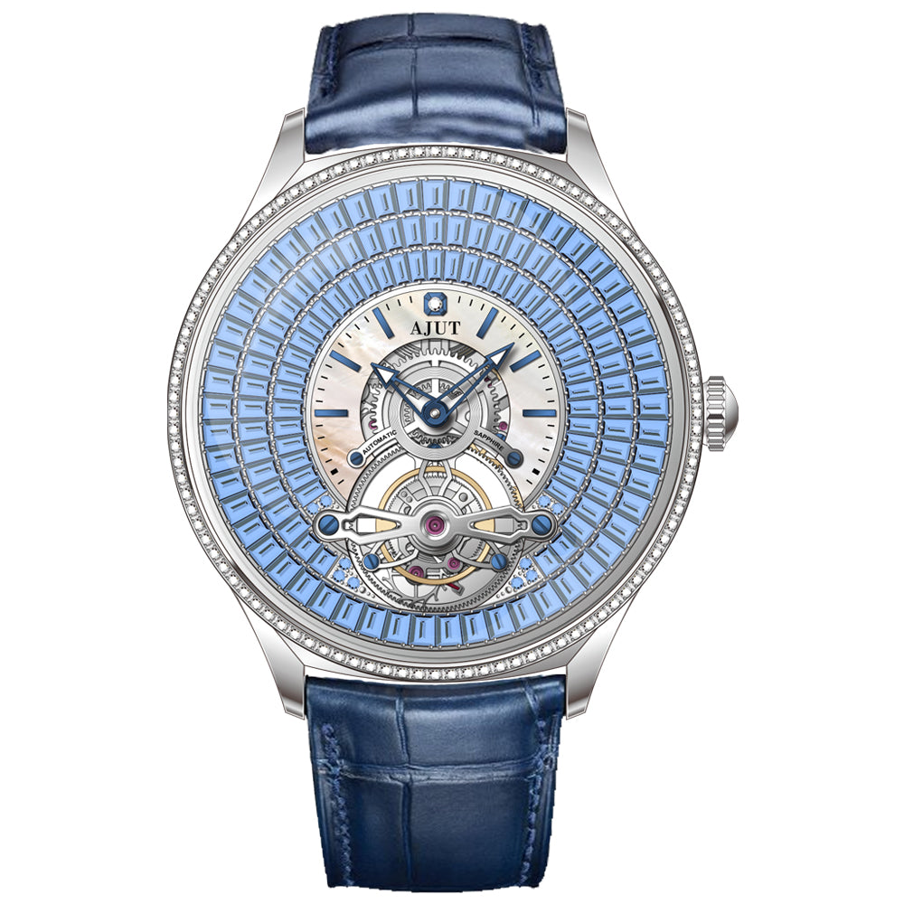 AJUT Automatic Tourbillon Movement Watches For Man Sapphire Square Zircon Dial Flying Mechanical Men's Watch 0398M