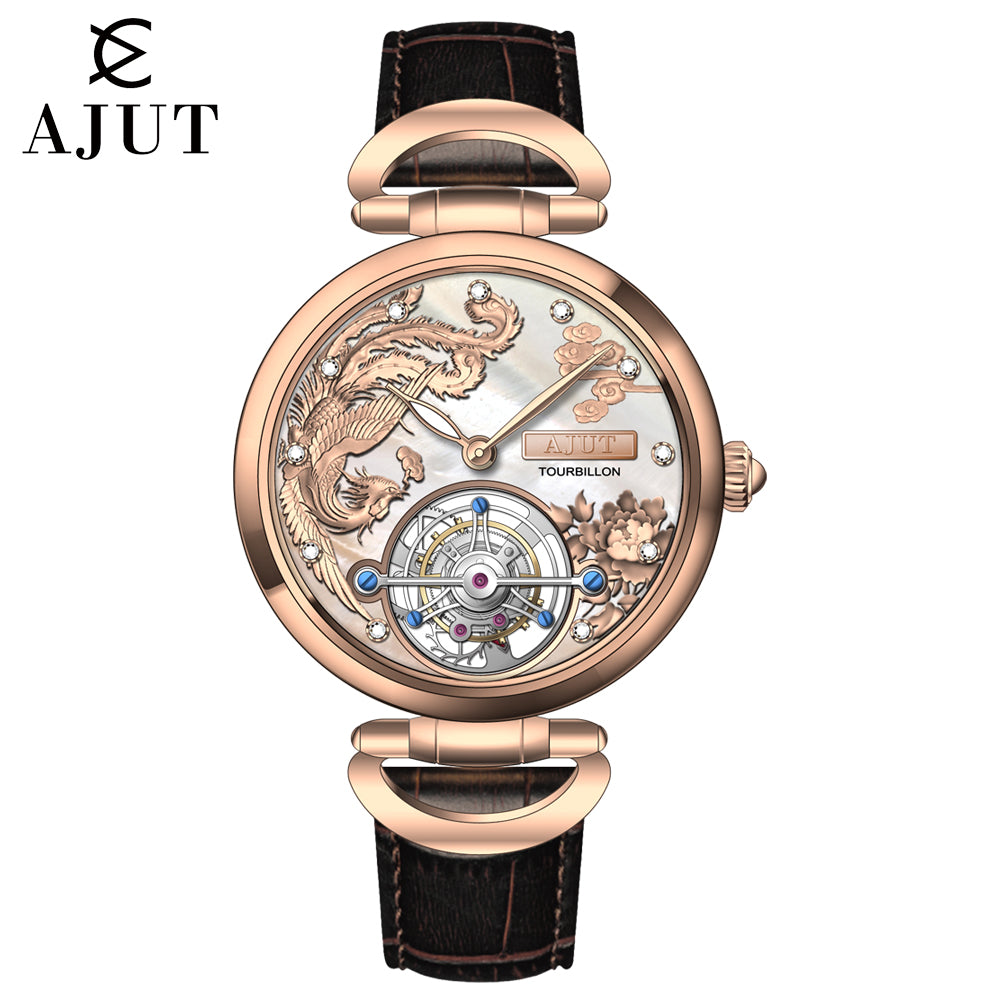 AJUT Manual Tourbillon Movement Lasies Watch Sapphire Luxury Diamonds Phoenix Relief Hand Winding Women Watches 0313