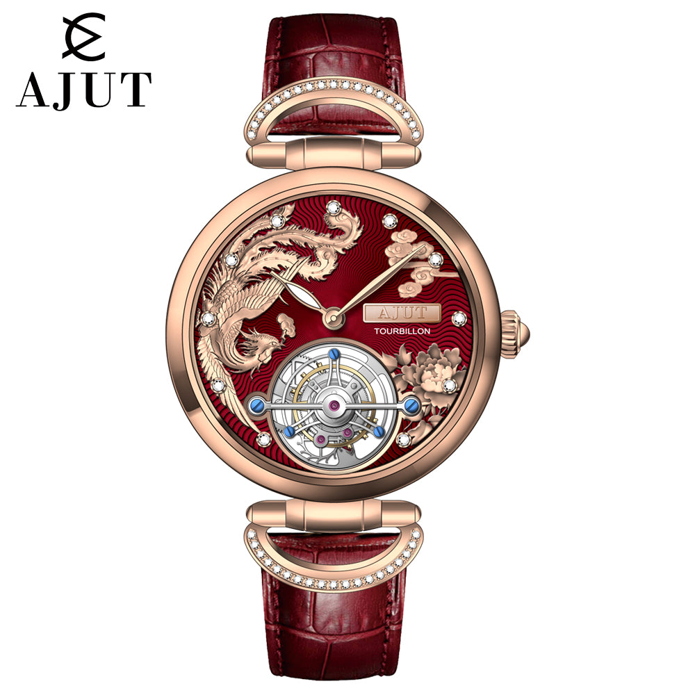 AJUT Manual Tourbillon Movement Lasies Watch Sapphire Luxury Diamonds Phoenix Relief Hand Winding Women Watches 0313