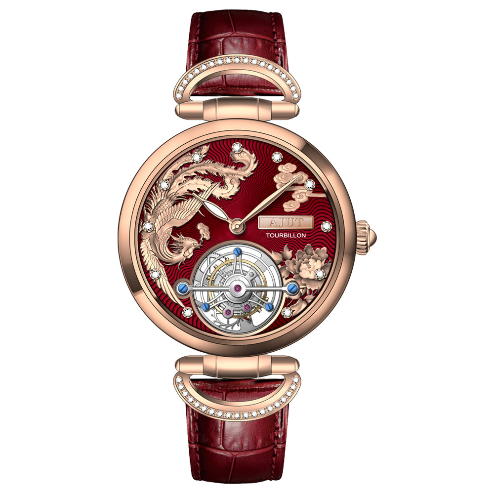 AJUT Manual Tourbillon Movement Lasies Watch Sapphire Luxury Diamonds Phoenix Relief Hand Winding Women Watches 0313
