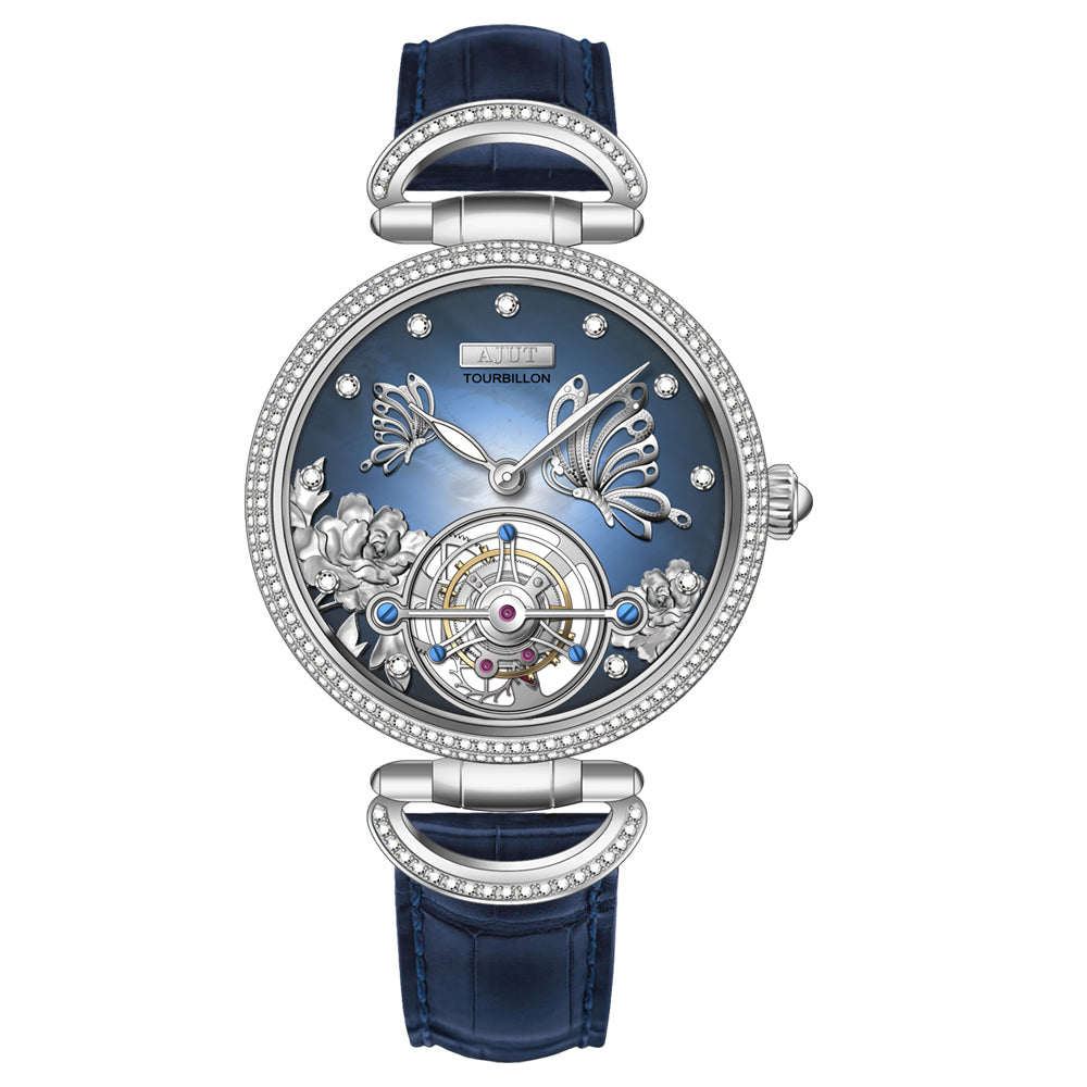 AJUT Hand Winding Tourbillon Mechanical Watches For Women Sapphire Glass mother-of-pearl inlaid With diamonds Manual Movement Ladies Watch 0314
