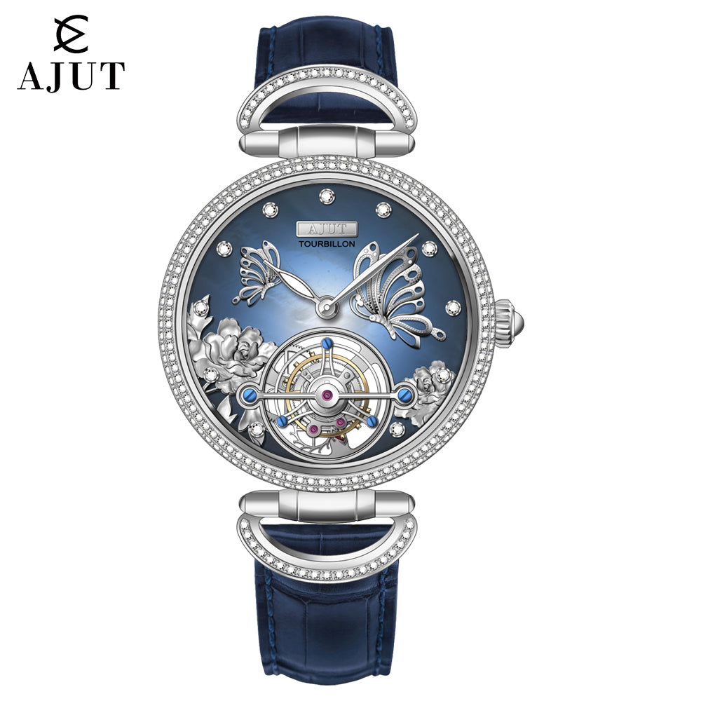 AJUT Hand Winding Tourbillon Mechanical Watches For Women Sapphire Glass mother-of-pearl inlaid With diamonds Manual Movement Ladies Watch 0314