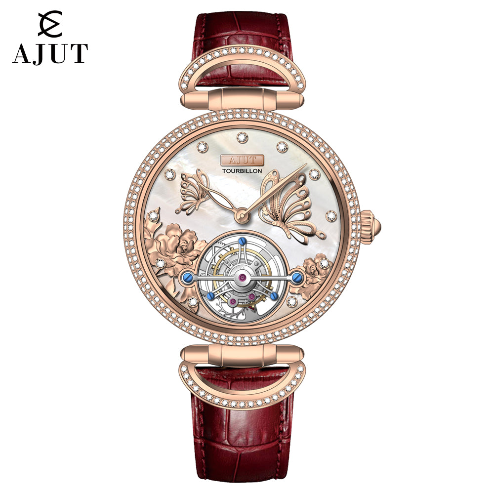 AJUT Hand Winding Tourbillon Mechanical Watches For Women Sapphire Glass mother-of-pearl inlaid With diamonds Manual Movement Ladies Watch 0314