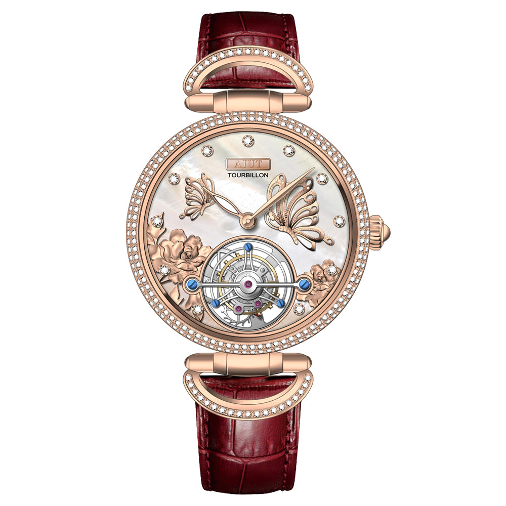 AJUT Hand Winding Tourbillon Mechanical Watches For Women Sapphire Glass mother-of-pearl inlaid With diamonds Manual Movement Ladies Watch 0314