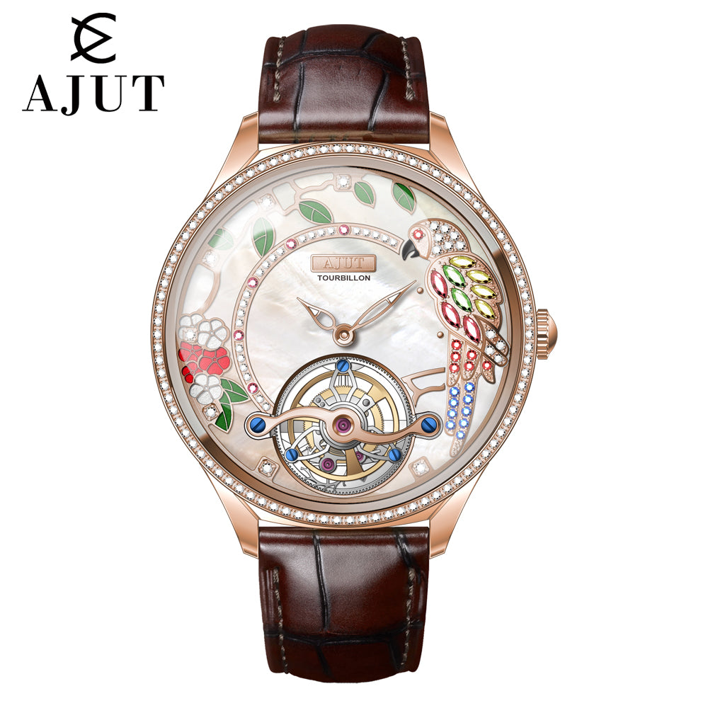 AJUT Tourbillon Women Watch Embossed Parrot Mother-of-Pearl Luxury Tourbillon Ladies Watch 0340L