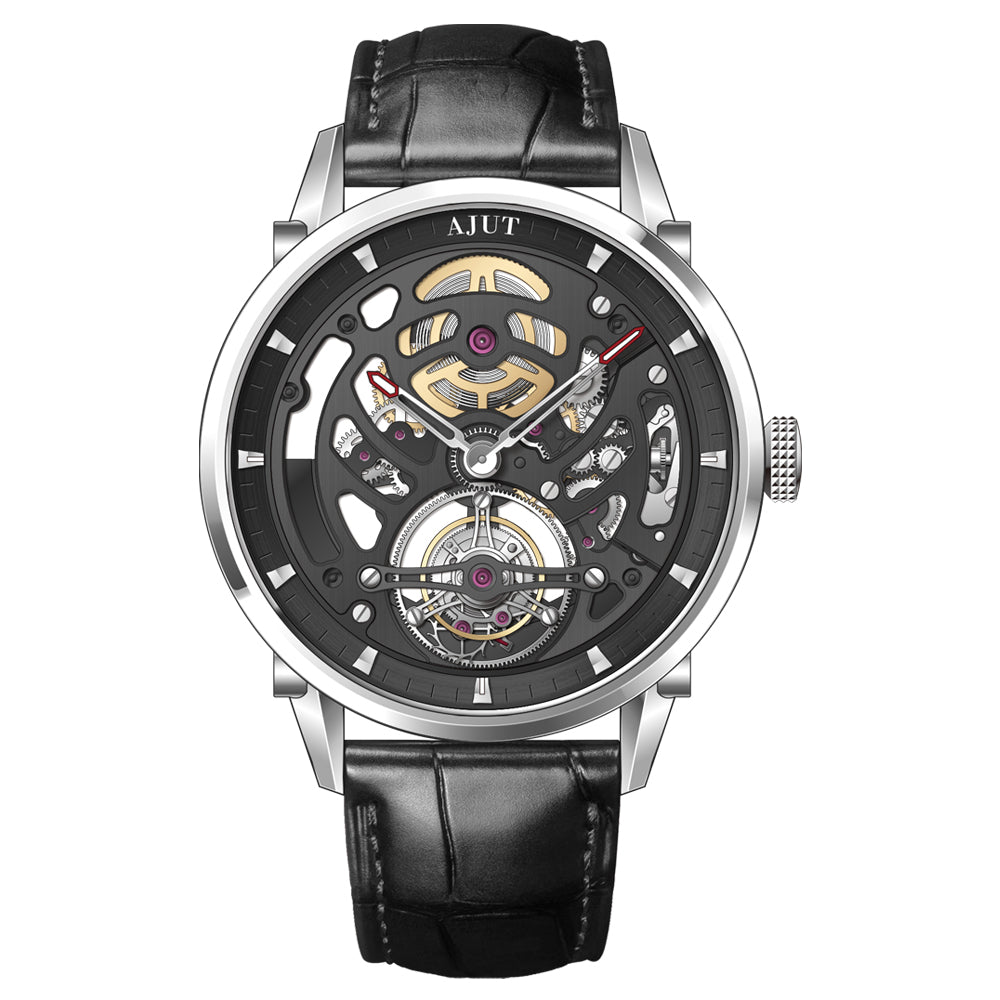 AJUT Automatic Tourbillon Movement Men's Watch Sapphire Stainless Steel Self Winding Mechanical Skeleton Watches For Man 0343