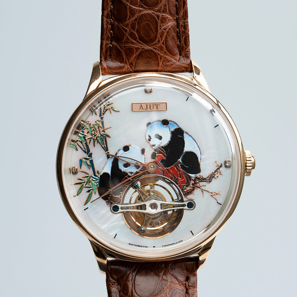 AJUT Automatic Tourbillon Women's Watch Pearl Shell Art Painting Craft 3D Printed Panda Ladies Watch 0346L
