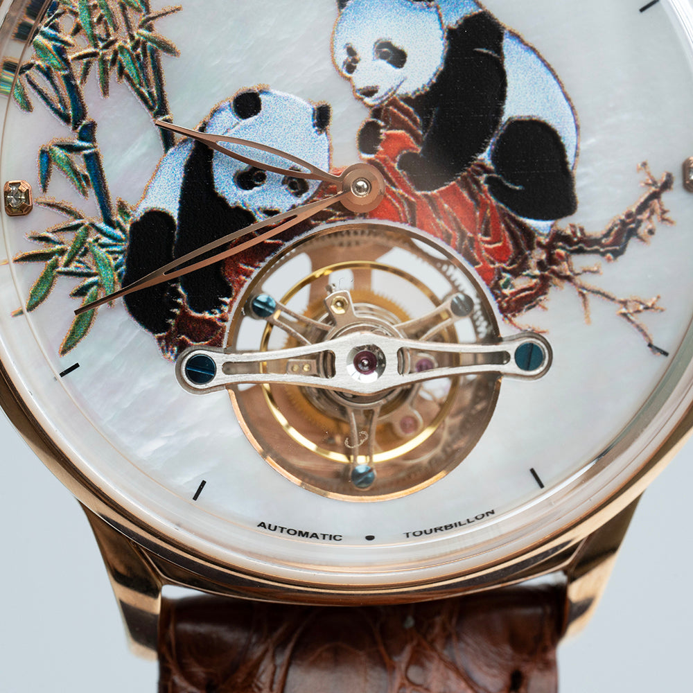AJUT Automatic Tourbillon Women's Watch Pearl Shell Art Painting Craft 3D Printed Panda Ladies Watch 0346L