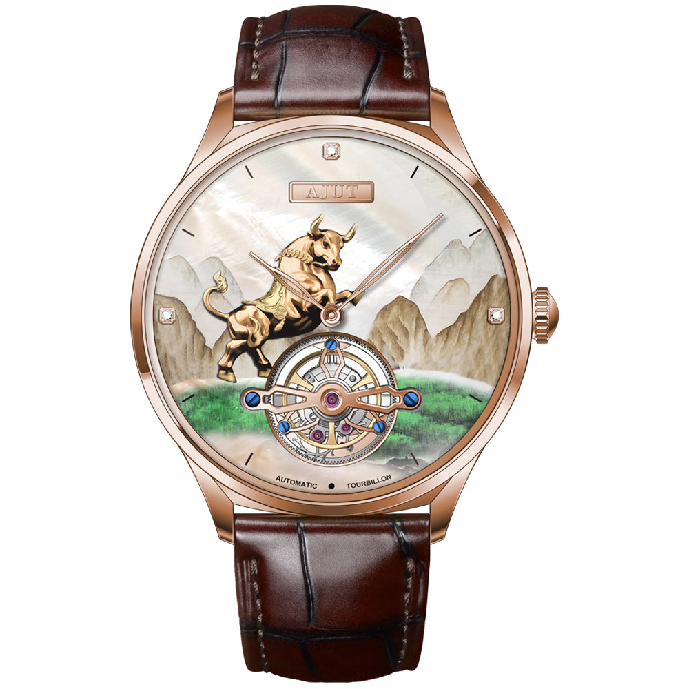 AJUT Automatic Tourbillon Movement Men's Watch Sapphire 24K Gold Figures Dial Mechanical Watches For Men Luxury 0347