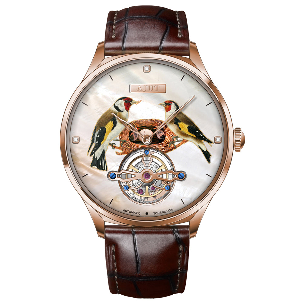 AJUT Automatic Tourbillon Mechanical Watches For Men 3D Printed Bird Face Dial Sapphire Man Watch 0357