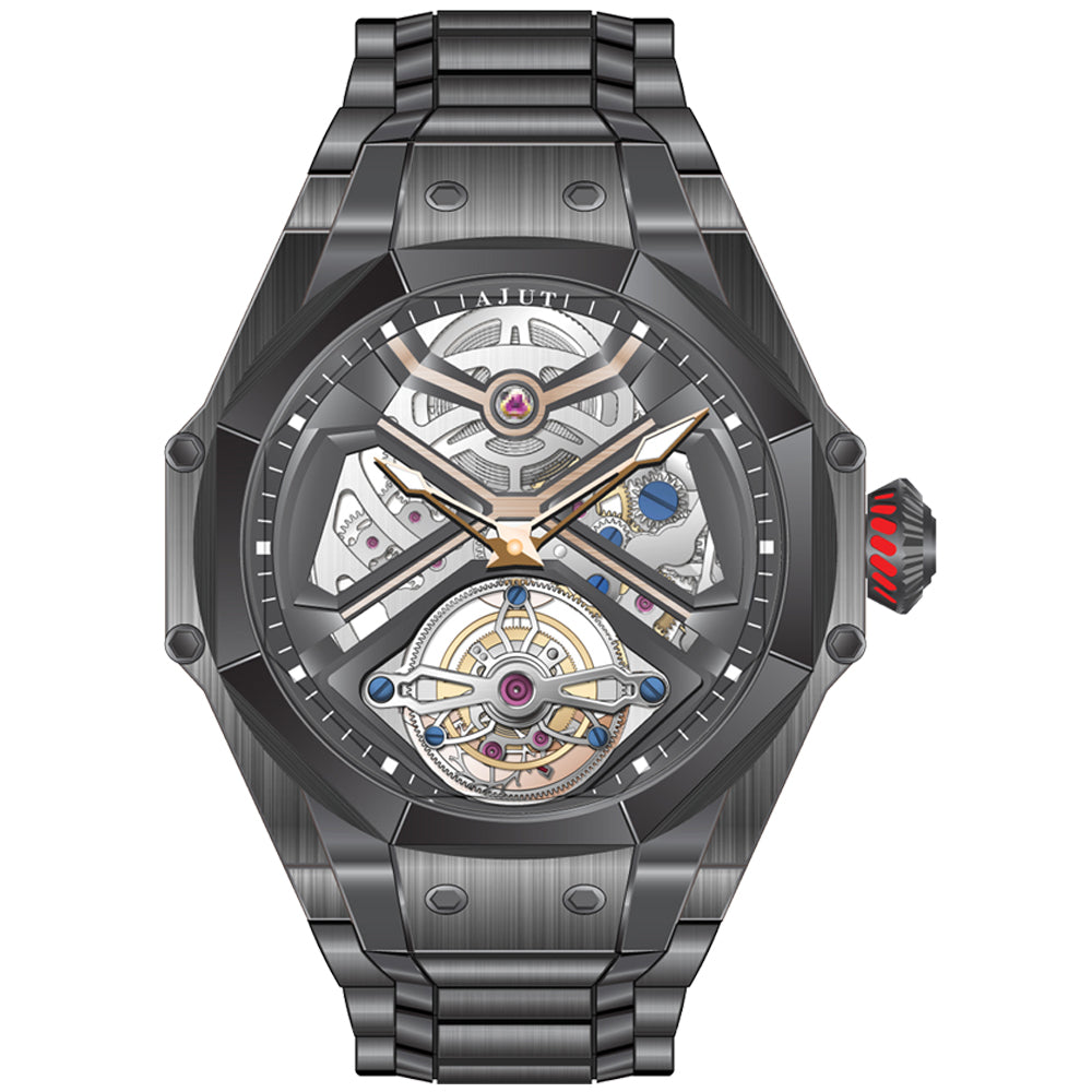 AJUT Automatic Skeleton Tourbillon Movement Watches Men Sapphire Steel Mechanical Luxury Wristwatch 0370