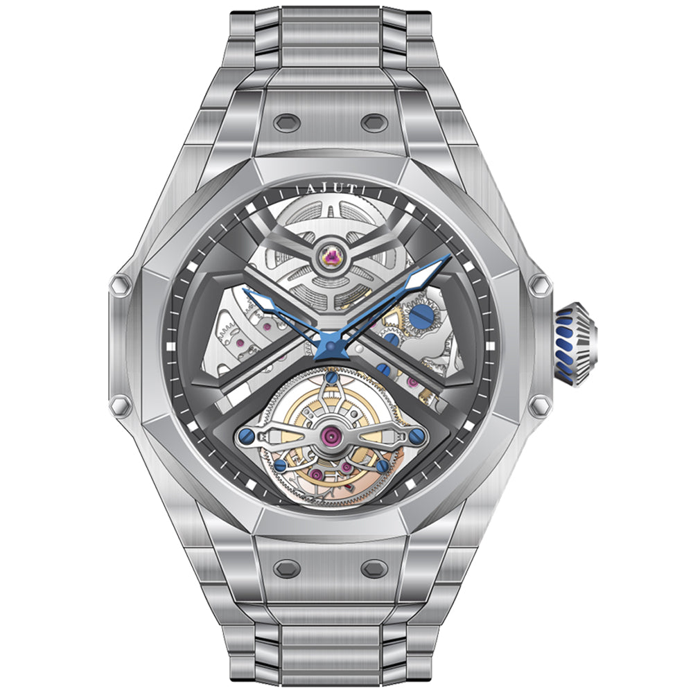 AJUT Automatic Skeleton Tourbillon Movement Watches Men Sapphire Steel Mechanical Luxury Wristwatch 0370