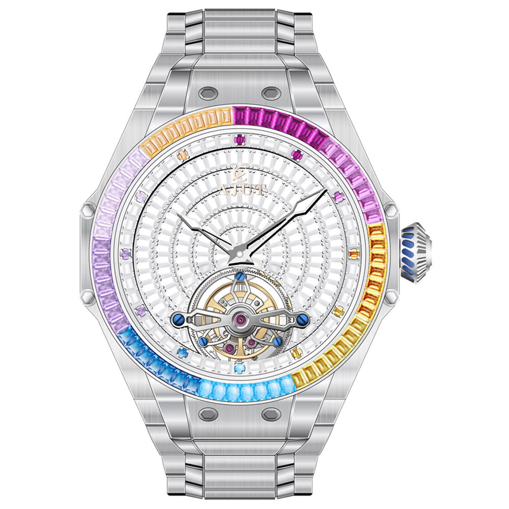 AJUT Luxury Automatic Tourbillon Mechanical Man Watches Sapphire Square Zircon Bezel Self Wind Movement Men's Watch 0382