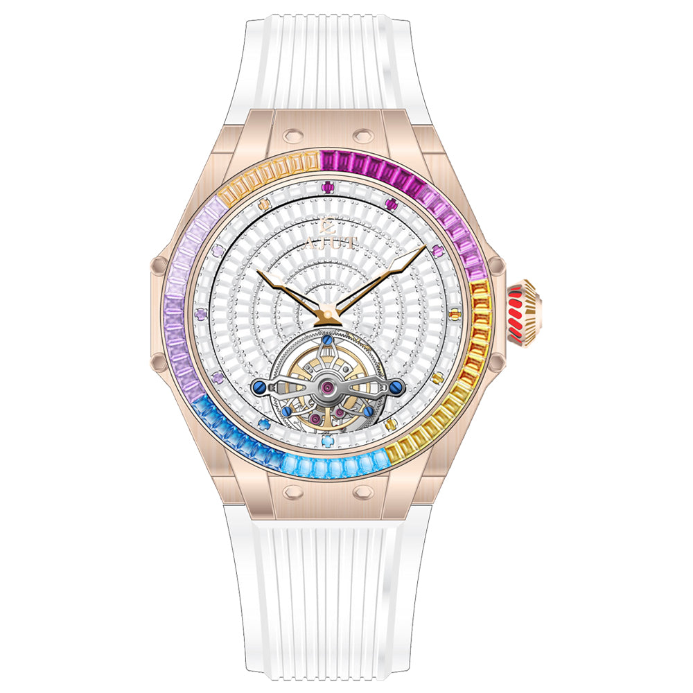 AJUT Luxury Automatic Tourbillon Mechanical Man Watches Sapphire Square Zircon Bezel Self Wind Movement Men's Watch 0382