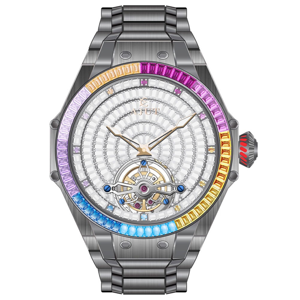 AJUT Luxury Automatic Tourbillon Mechanical Man Watches Sapphire Square Zircon Bezel Self Wind Movement Men's Watch 0382