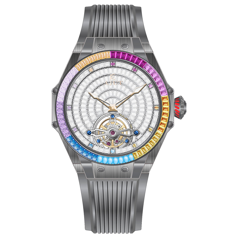 AJUT Luxury Automatic Tourbillon Mechanical Man Watches Sapphire Square Zircon Bezel Self Wind Movement Men's Watch 0382
