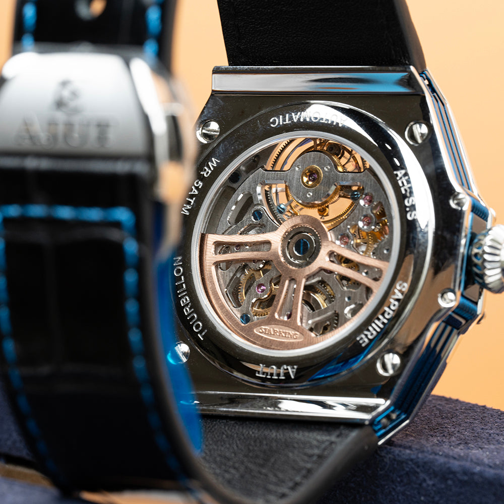 AJUT Automatic Tourbillon Movement Watch Man Sapphire Mirror Hydraulic Surface Simple Watches for men Blue Vintage 0383
