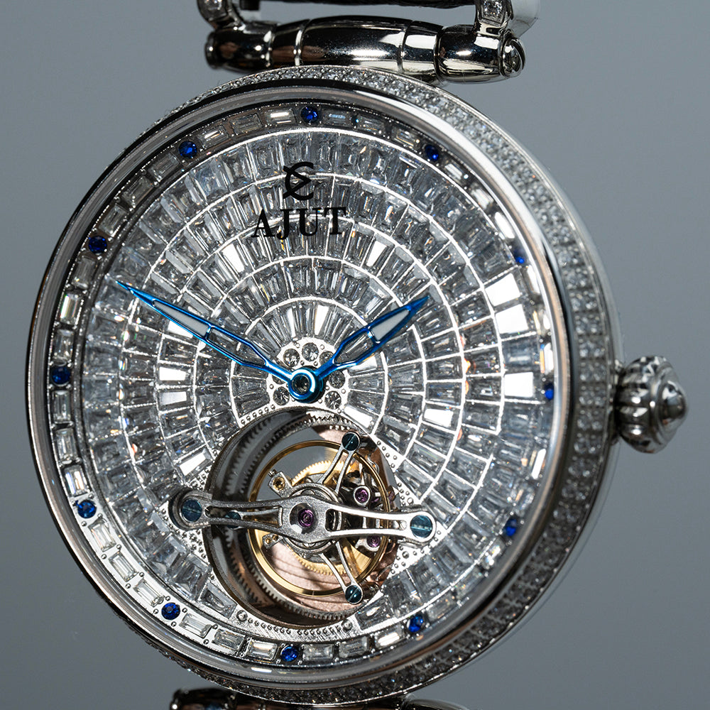 AJUT Flying Automatic Tourbillon Movement Man Watch 0397 Mechanical Full Zircon Sapphire