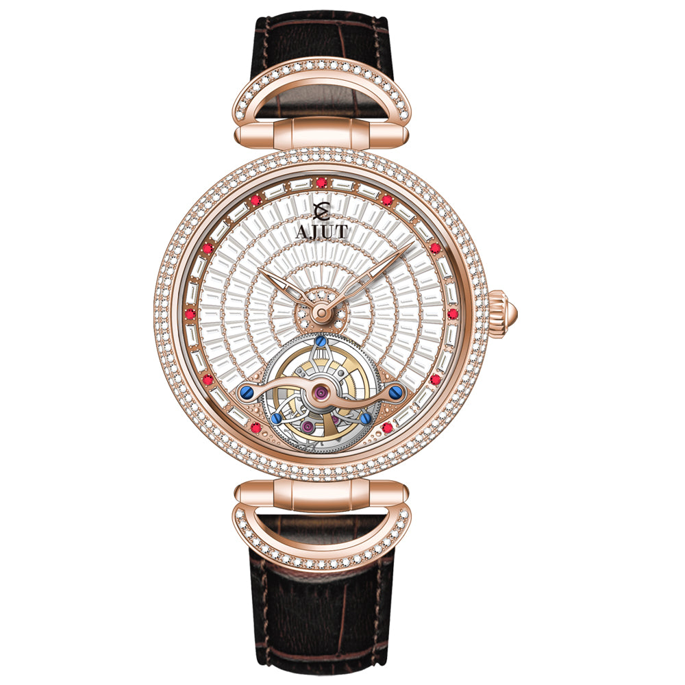 AJUT Automatic Tourbillon Movement Women Watches Sapphire Full Diamond Self Winding Mechanical Ladies Watch Luxury Fashion 0397L