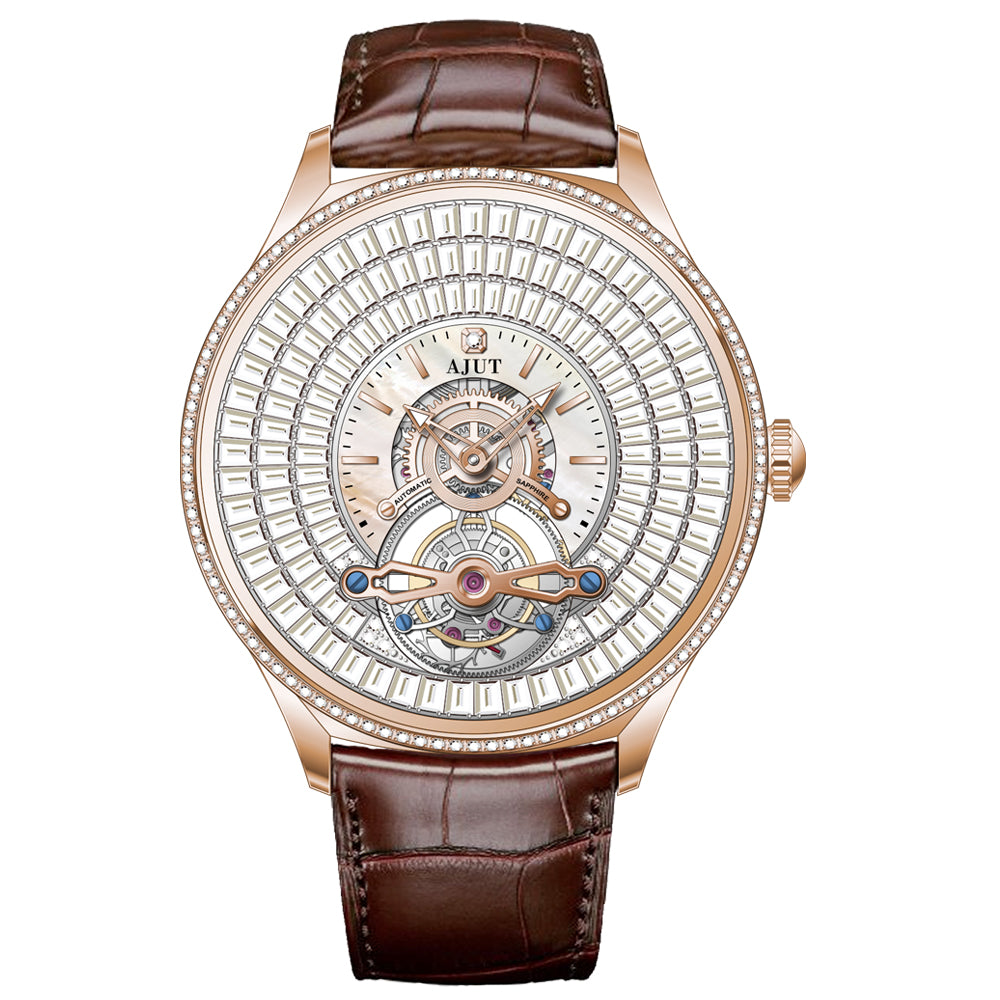 AJUT Automatic Tourbillon Movement Watches For Man Sapphire Square Zircon Dial Flying Mechanical Men's Watch 0398M