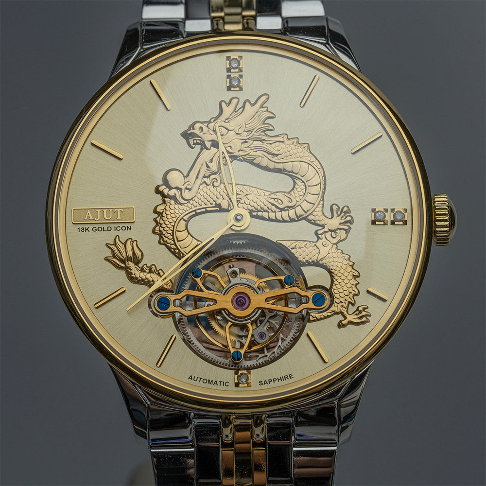 AJUT Automatic Tourbillon Mechanical Man watch Gold Color Dial Luxury Self Winding Flying Tourbillon Watches for men Luxury 0501