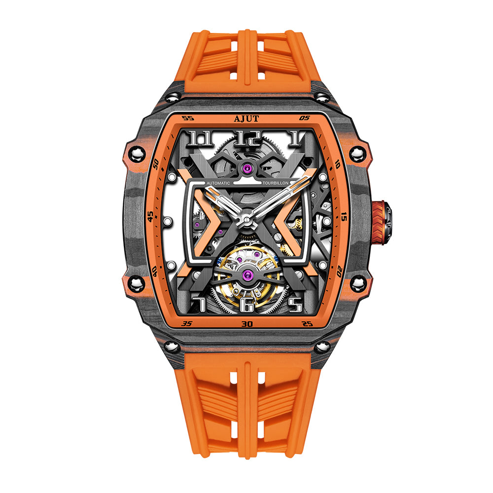 AJUT Automatic Tourbillon Movement Men's Watch Sapphire Carbon Fiber Hollow Self Winding Mechanical Watches Men 0510