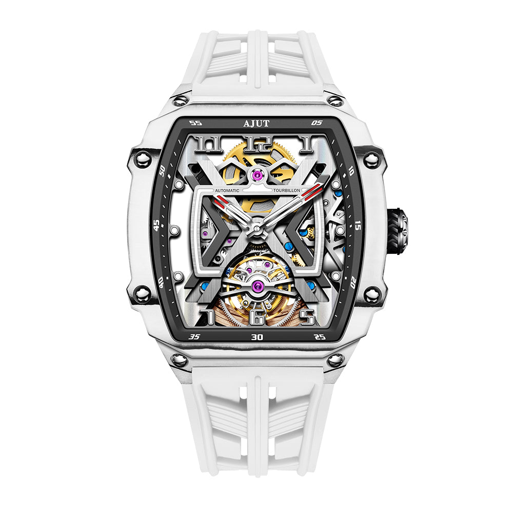AJUT Automatic Tourbillon Movement Men's Watch Sapphire Carbon Fiber Hollow Self Winding Mechanical Watches Men 0510
