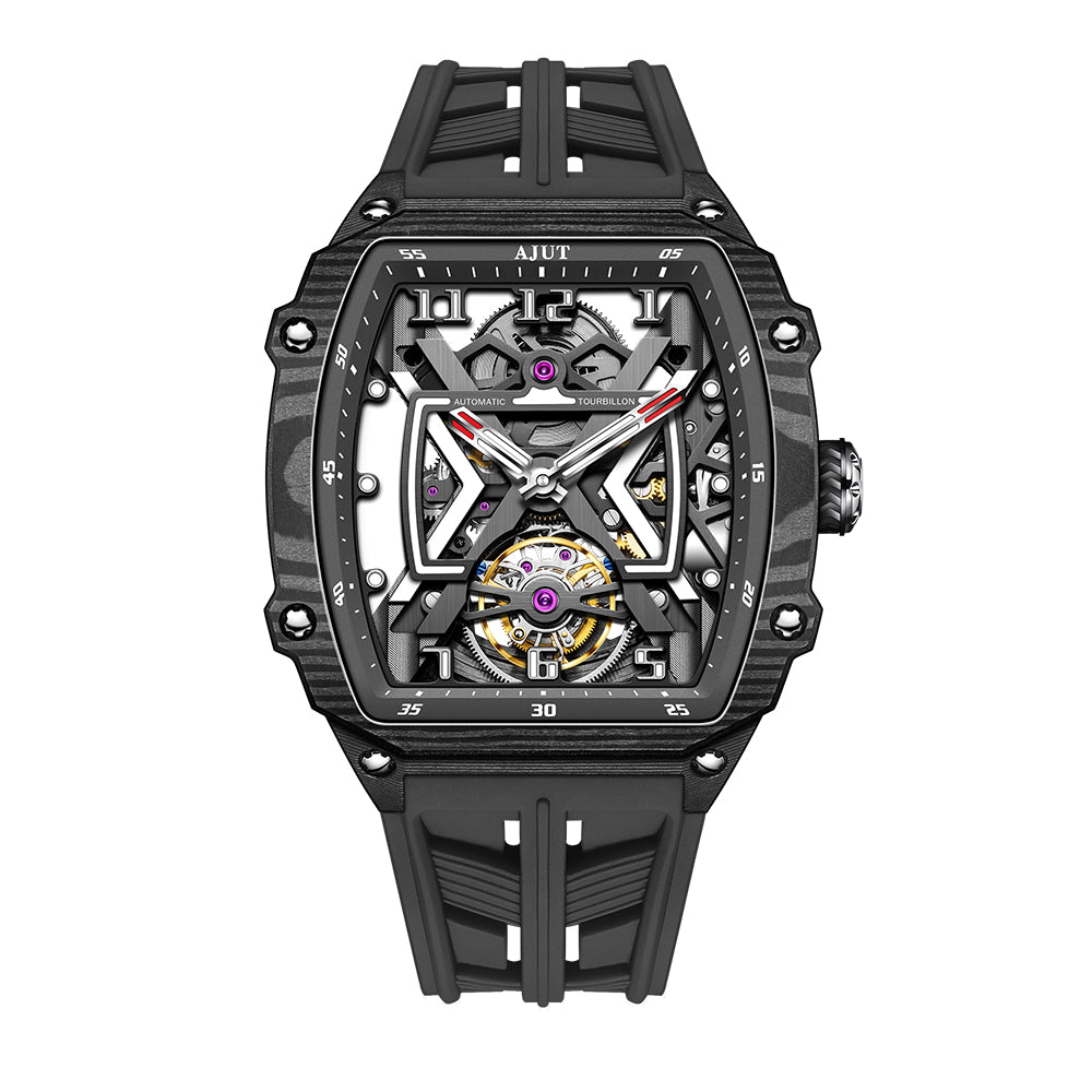 AJUT Automatic Tourbillon Movement Men's Watch Sapphire Carbon Fiber Hollow Self Winding Mechanical Watches Men 0510