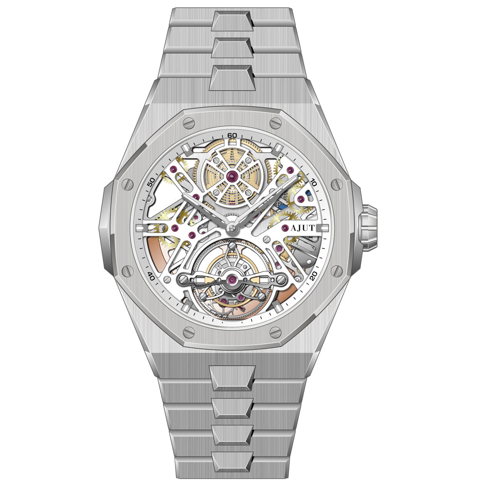 AJUT Automatic Tourbillon Watch Man Self Winding Mechanical Skeleton Stainless Steel Wristwatch 0517