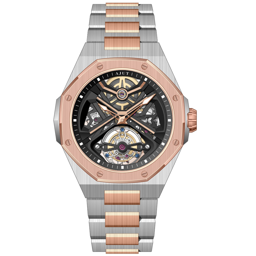 AJUT Automatic Tourbillon Watch Man Self Winding Mechanical Skeleton Stainless Steel Wristwatch 0517