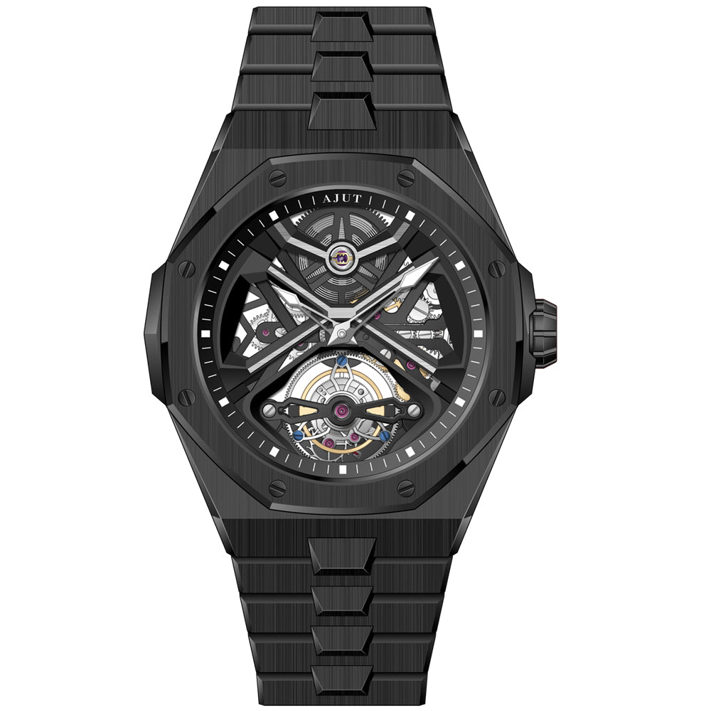 AJUT Automatic Tourbillon Watch Man Self Winding Mechanical Skeleton Stainless Steel Wristwatch 0517