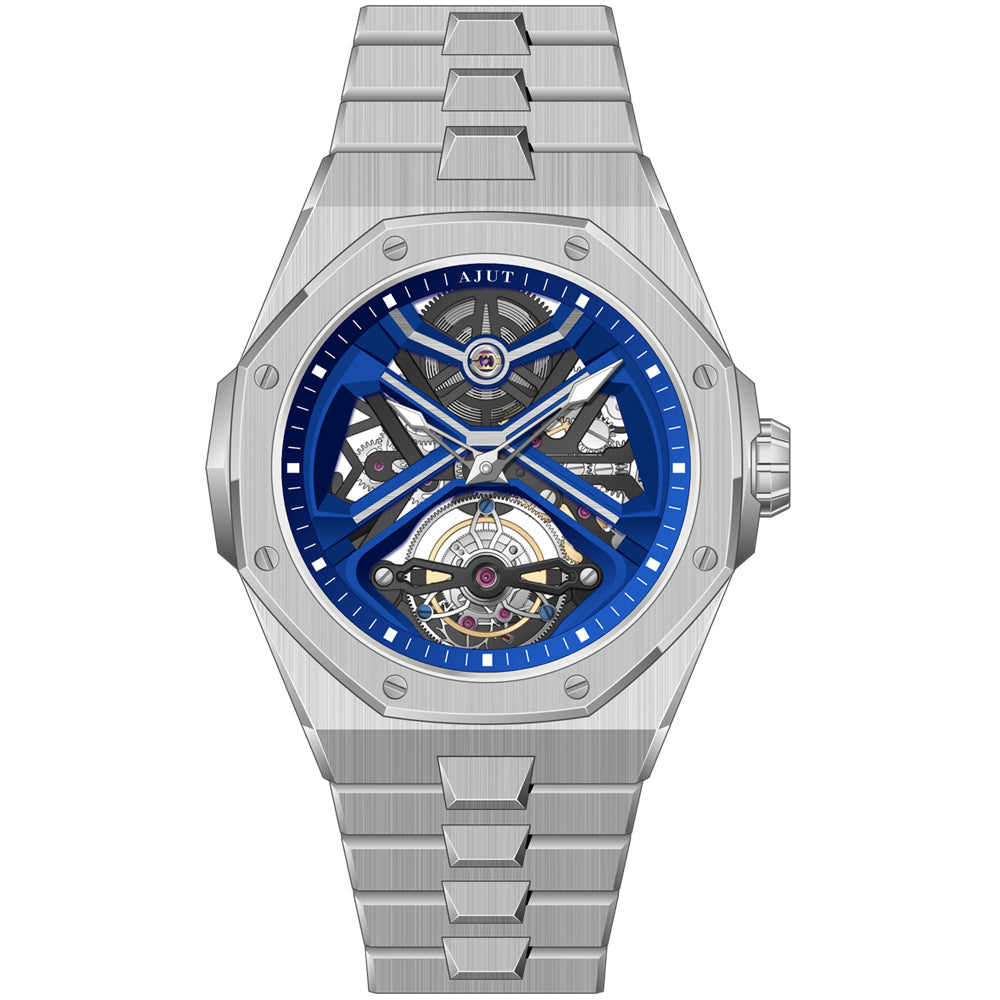 AJUT Automatic Tourbillon Watch Man Self Winding Mechanical Skeleton Stainless Steel Wristwatch 0517