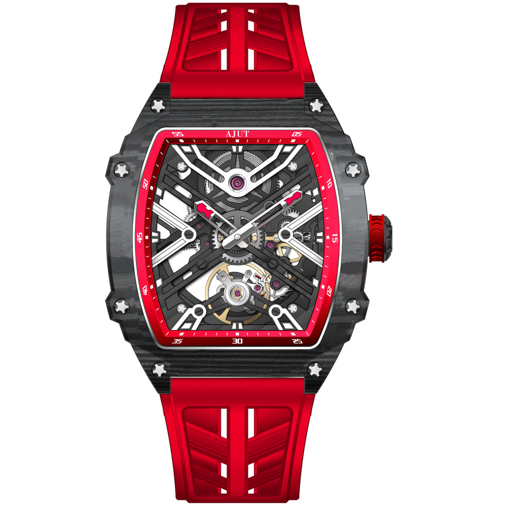 AJUT Carbon Fiber Automatic Watch For Men Self Manual Mechanical Sapphire Man Watches Skeleton Dial 0519