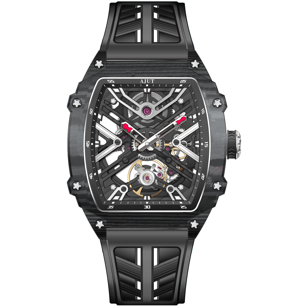 AJUT Carbon Fiber Automatic Watch For Men Self Manual Mechanical Sapphire Man Watches Skeleton Dial 0519