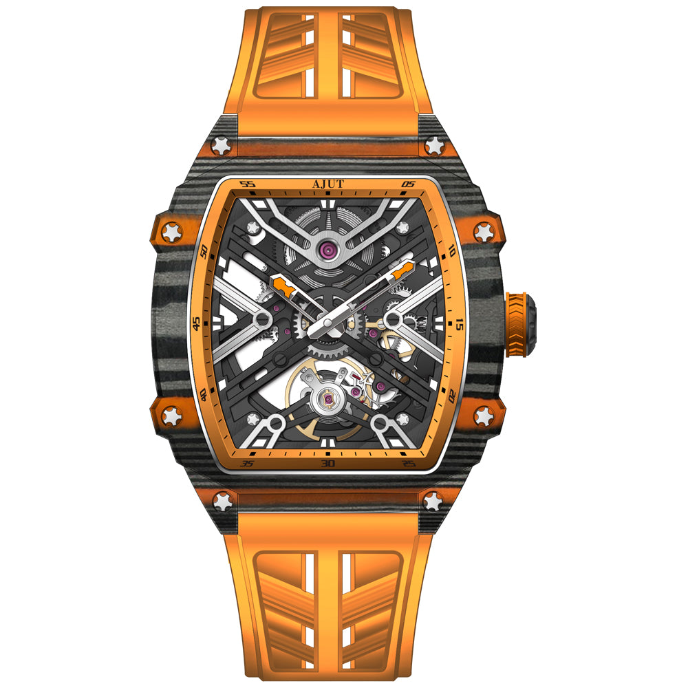 AJUT Carbon Fiber Automatic Watch For Men Self Manual Mechanical Sapphire Man Watches Skeleton Dial 0519