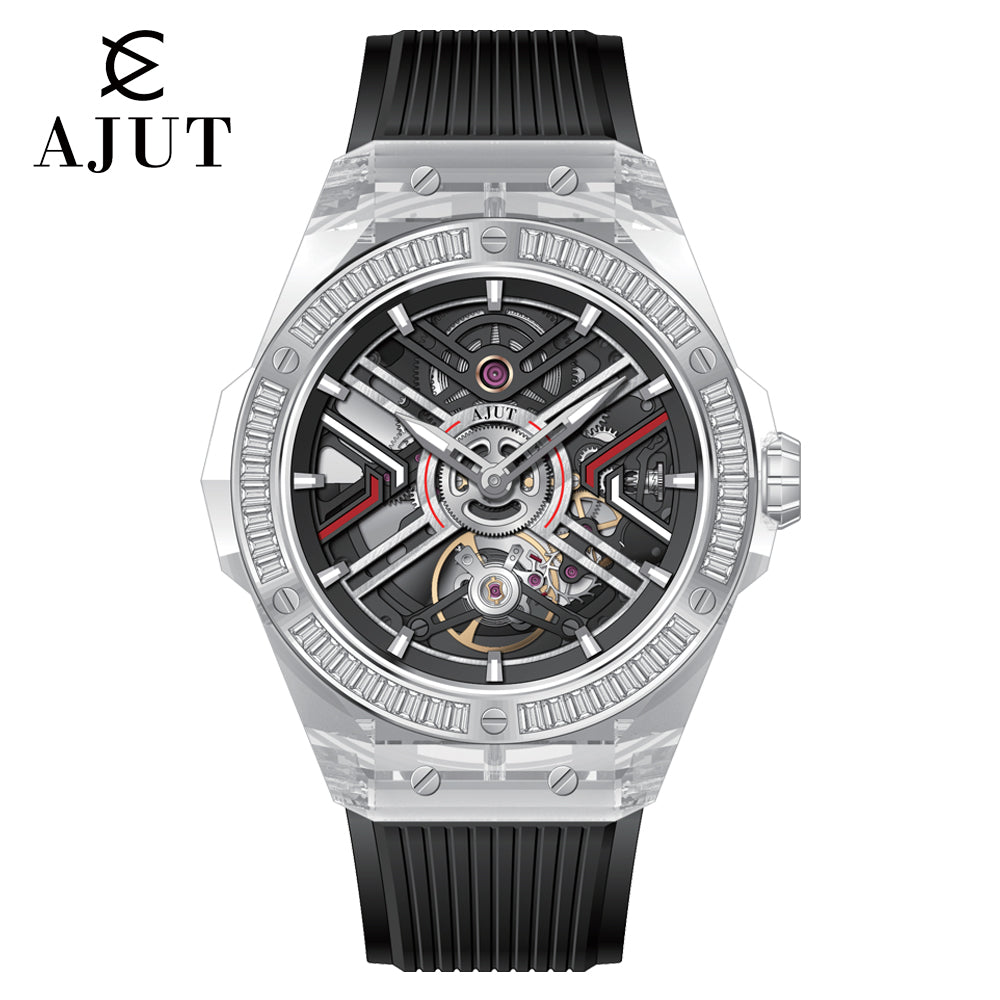 AJUT Automatic Mechanical watch mens crystal transparent case sapphire mirror luxury man watches 0525