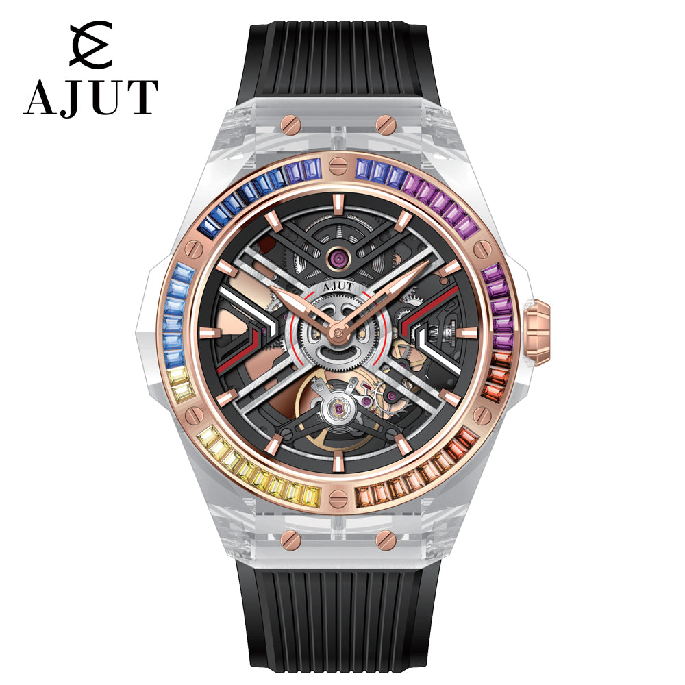 AJUT Automatic Mechanical watch mens crystal transparent case sapphire mirror luxury man watches 0525