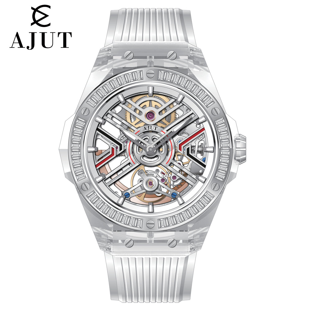 AJUT Automatic Mechanical watch mens crystal transparent case sapphire mirror luxury man watches 0525