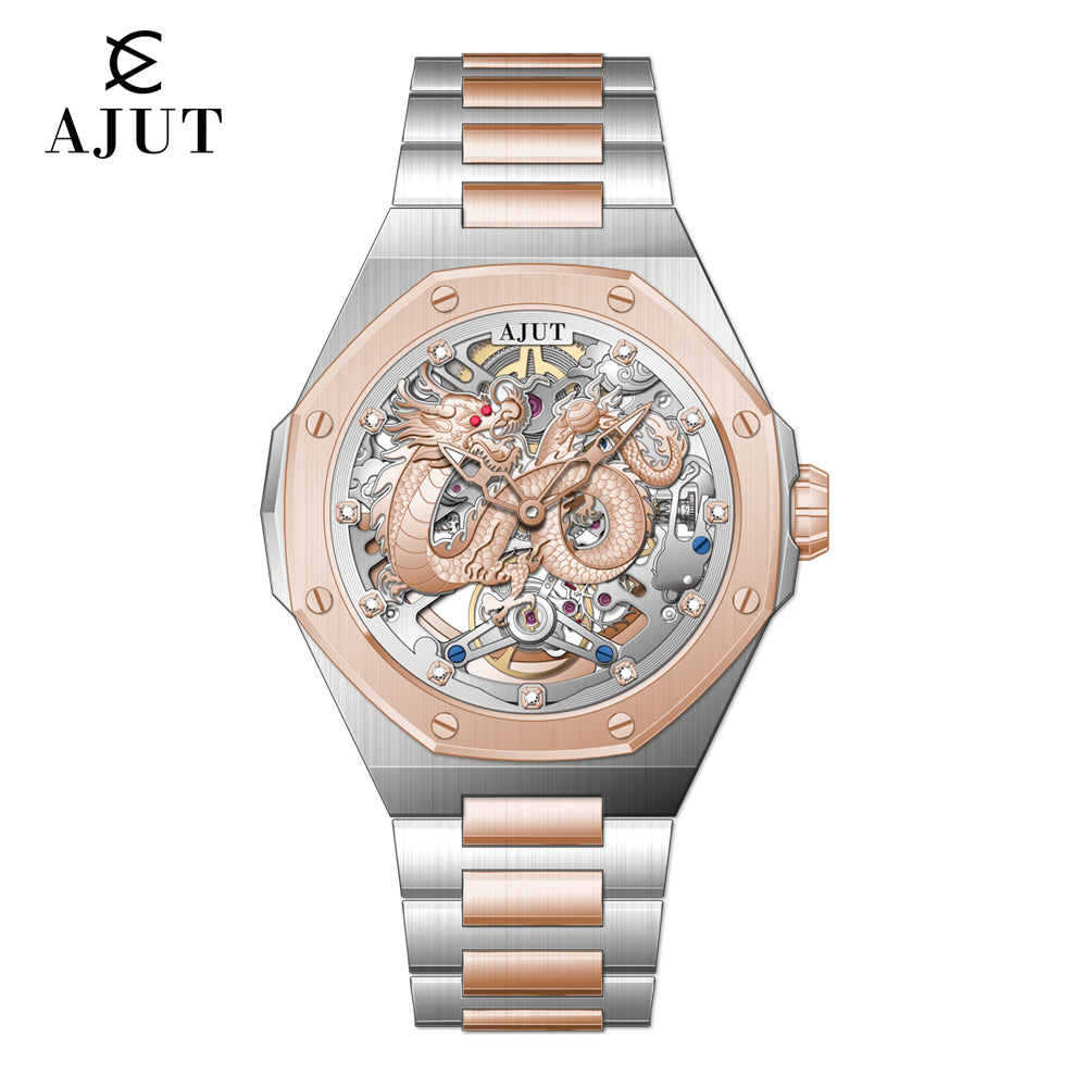 AJUT Automatic Watch Men Vintage 3D Dragon Dial Luxury Skeleton Mechanical Watches for men Sapphire 0568