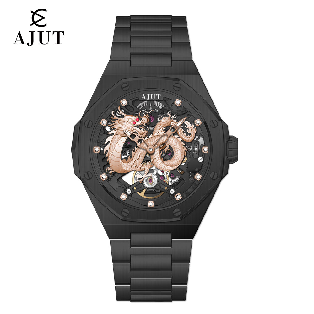 AJUT Automatic Watch Men Vintage 3D Dragon Dial Luxury Skeleton Mechanical Watches for men Sapphire 0568
