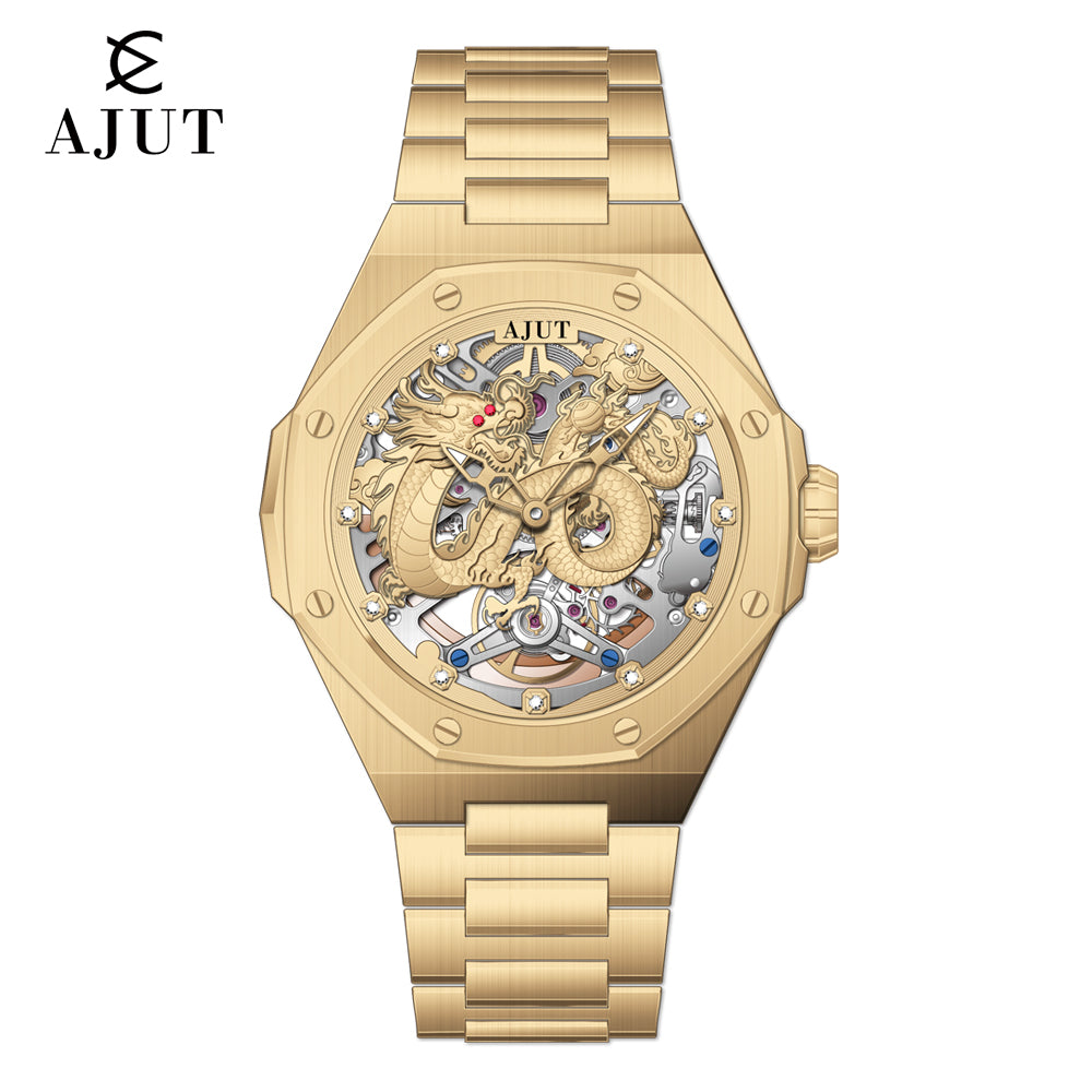 AJUT Automatic Watch Men Vintage 3D Dragon Dial Luxury Skeleton Mechanical Watches for men Sapphire 0568