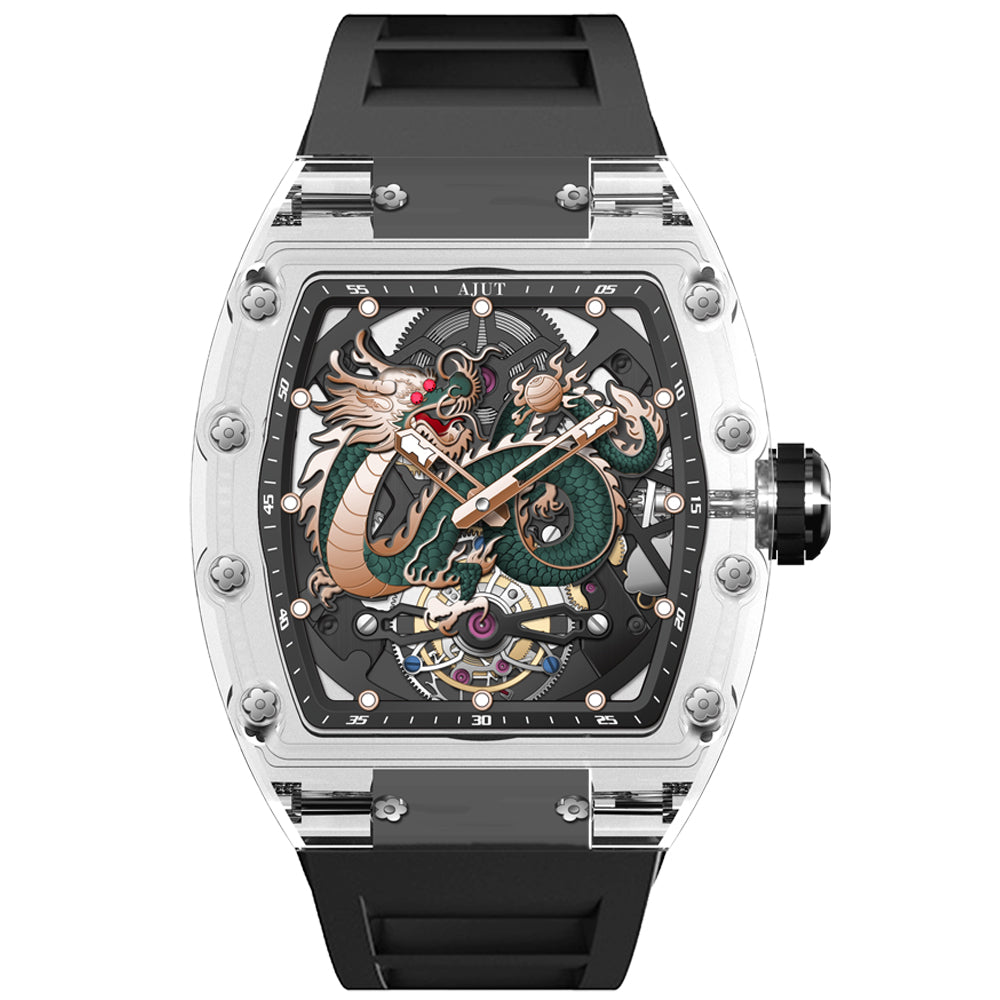 AJUT Automatic Tourbillon Movement Watches For Men Crystal Case Dragon Dial Luxury Self Winding Mechanical Man Watch 0571