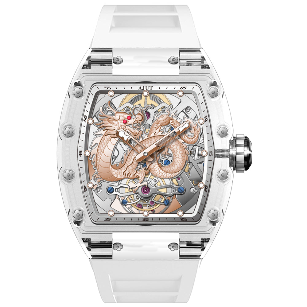 AJUT Automatic Tourbillon Movement Watches For Men Crystal Case Dragon Dial Luxury Self Winding Mechanical Man Watch 0571