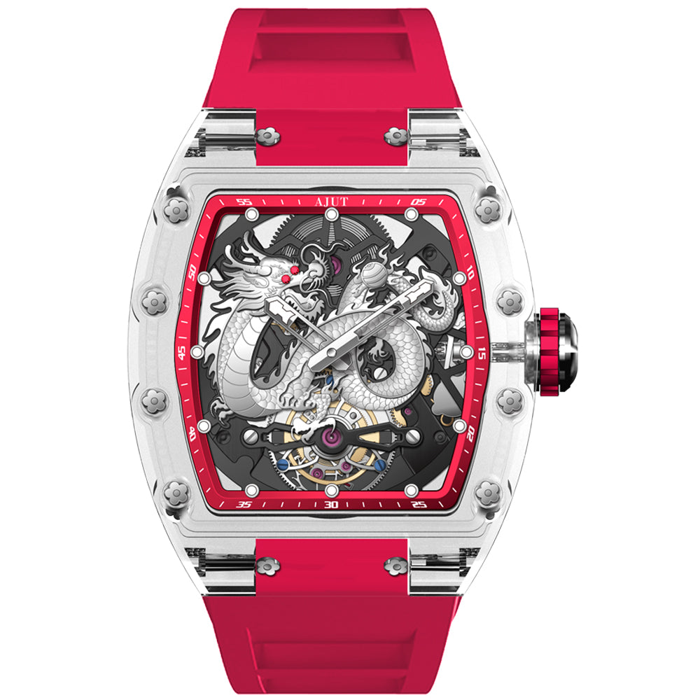 AJUT Automatic Tourbillon Movement Watches For Men Crystal Case Dragon Dial Luxury Self Winding Mechanical Man Watch 0571