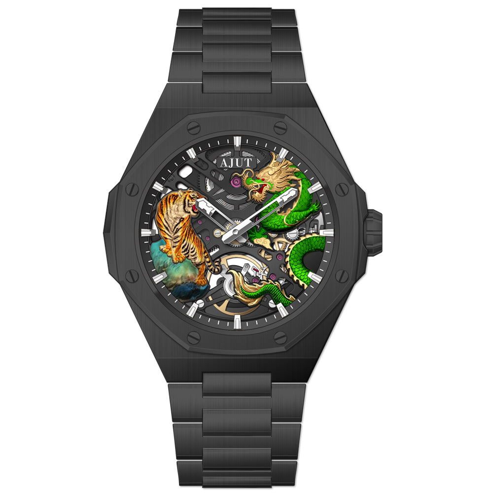 AJUT automatic mechanical mens watch sapphire glass 3D dragon dial skeleton vintage watches for man waterproof stainless steel 0576