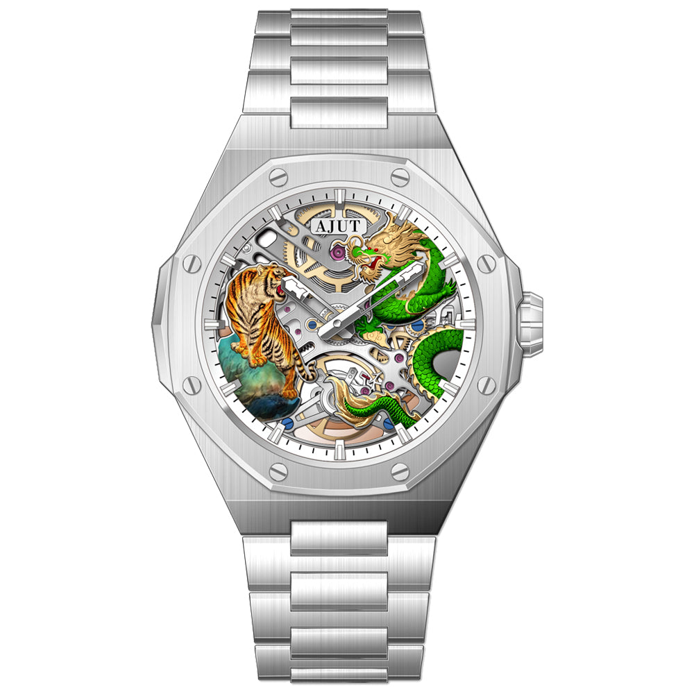 AJUT automatic mechanical mens watch sapphire glass 3D dragon dial skeleton vintage watches for man waterproof stainless steel 0576