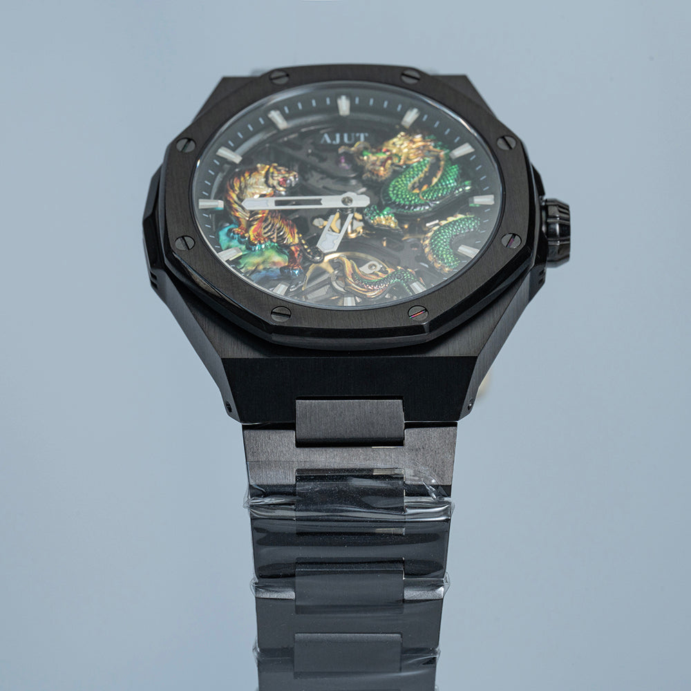 AJUT automatic mechanical mens watch sapphire glass 3D dragon dial skeleton vintage watches for man waterproof stainless steel 0576