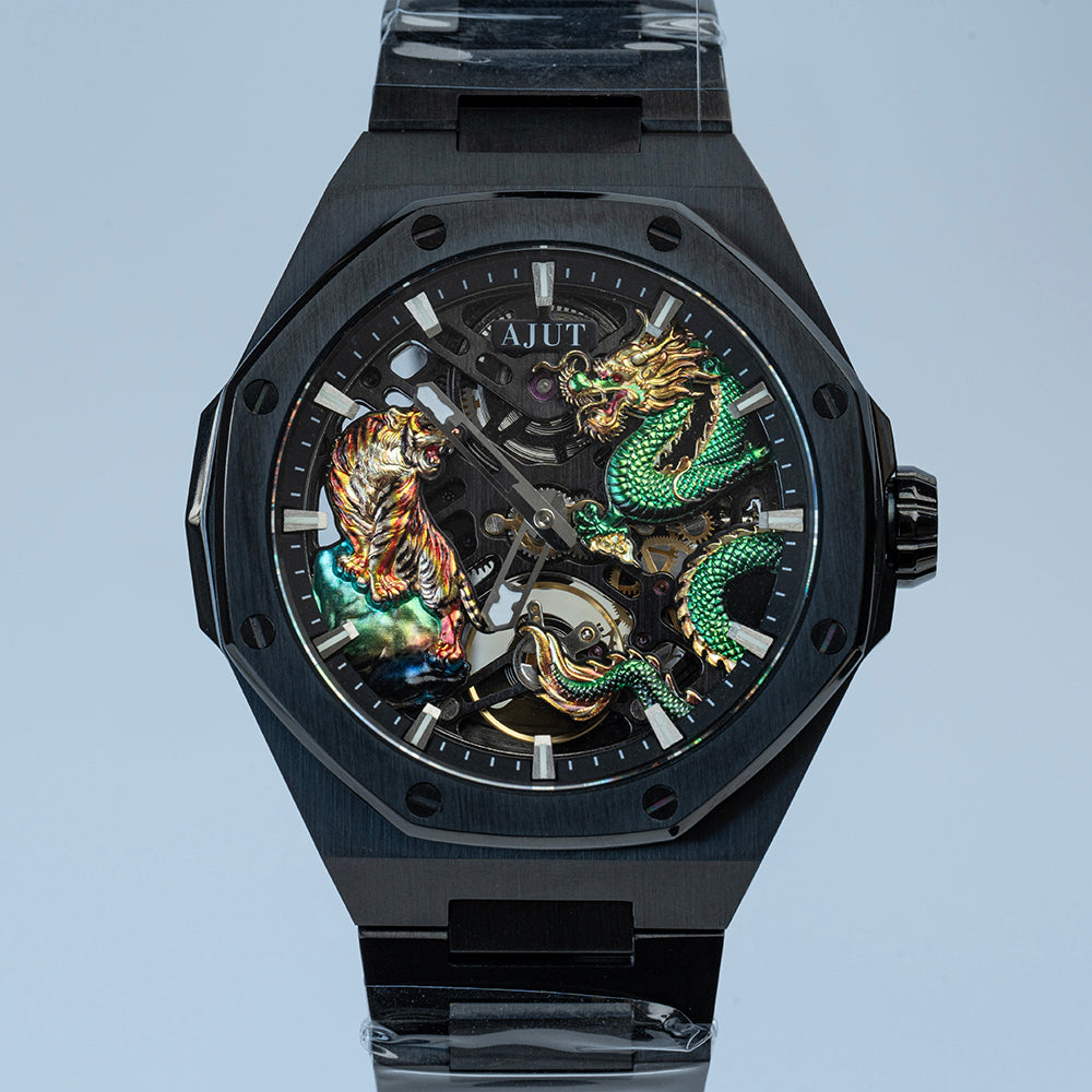 AJUT automatic mechanical mens watch sapphire glass 3D dragon dial skeleton vintage watches for man waterproof stainless steel 0576