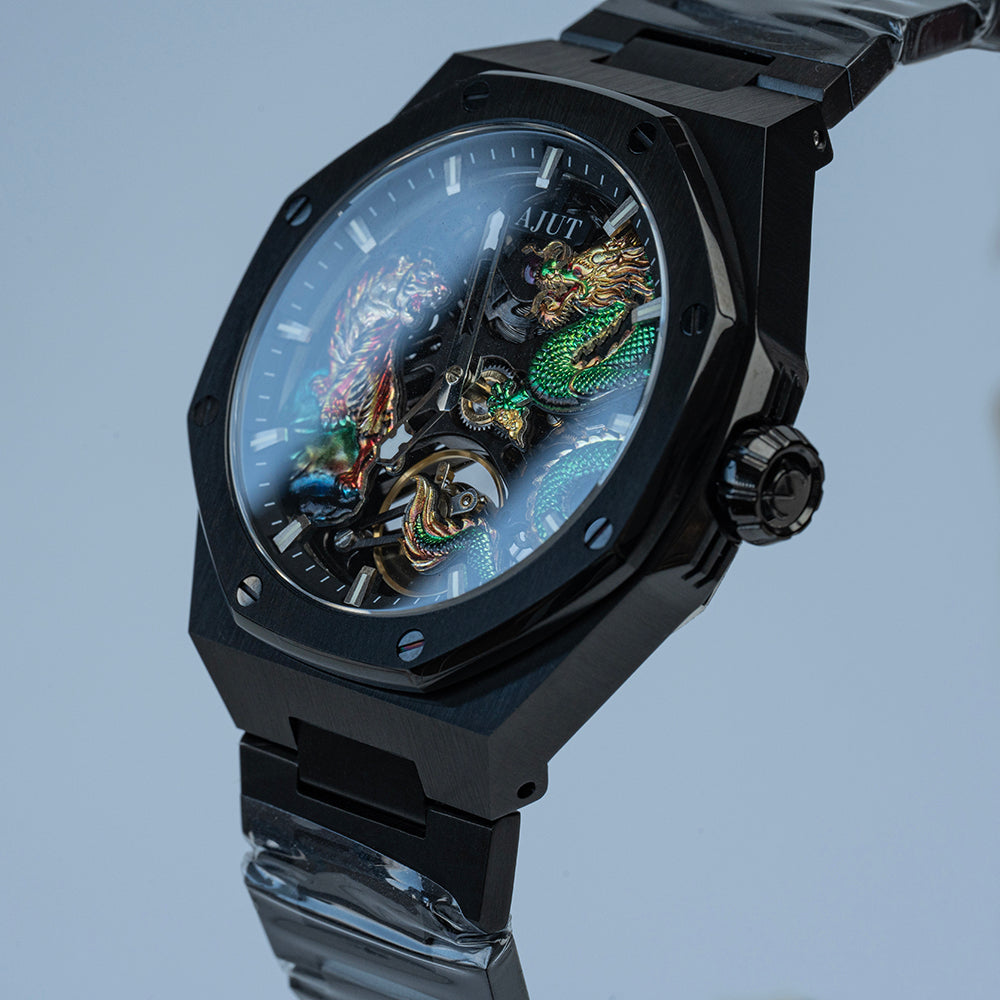 AJUT automatic mechanical mens watch sapphire glass 3D dragon dial skeleton vintage watches for man waterproof stainless steel 0576