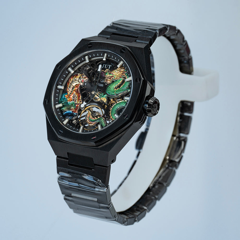 AJUT automatic mechanical mens watch sapphire glass 3D dragon dial skeleton vintage watches for man waterproof stainless steel 0576
